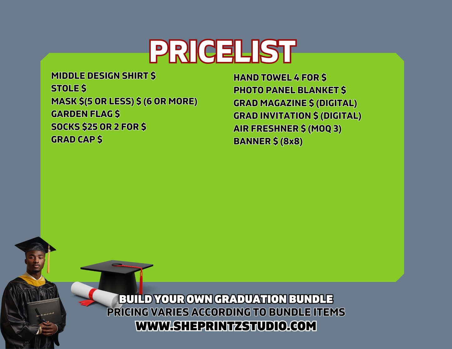 Graduation Price List (Editable)