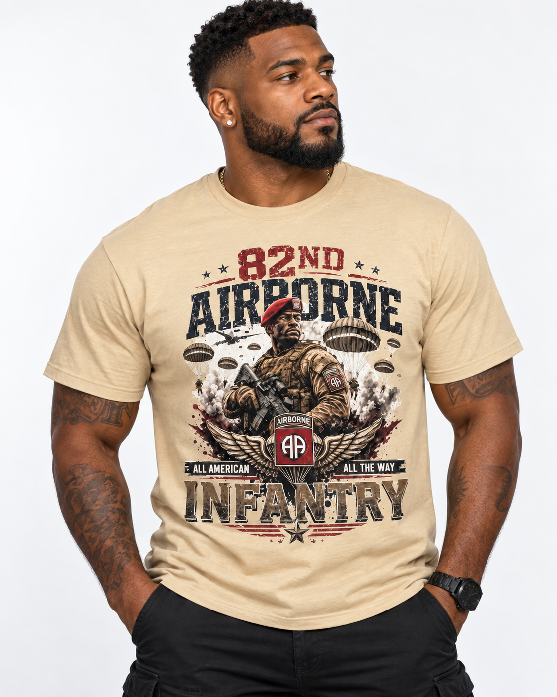 Custom full color DTF graphic T-shirt on model